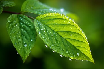Wall Mural - Close-up of dew-covered green leaf