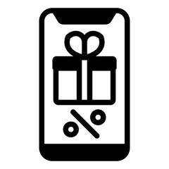 Poster - Smartphone with discount box solid icon, shopping online concept. Vector graphics. Phone and online shop, screen sign on white background, glyph style mobile or design.