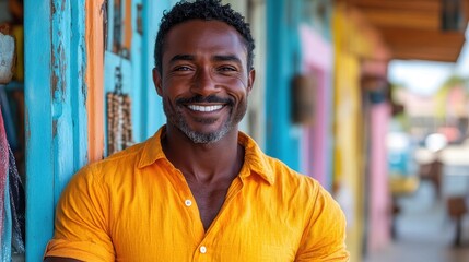 Poster - a man in an orange shirt is smiling and posing for a picture the image has a warm and friendly mood with the man s smile and the bright orange color of his shirt creating a positive atmosphere