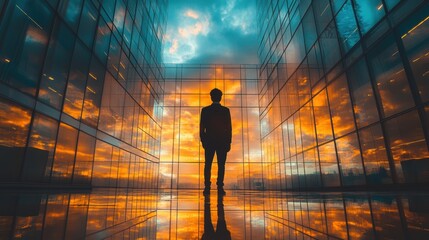 Poster - a man stands in front of a modern glass business center back view,stock image