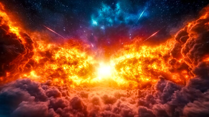 Wall Mural - Spacecraft flying through burning nebula with meteors and colorful clouds