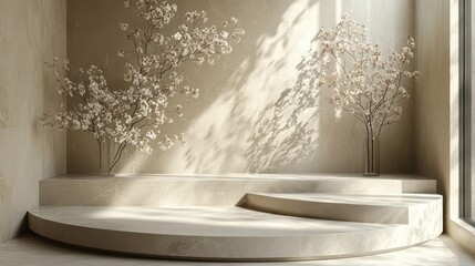 Aufkleber - a minimalist display with a round podium is adorned by delicate flowering branches soft lighting accentuates the natural beauty of the floral arrangement against a neutral backdrop