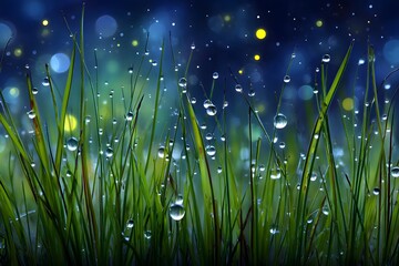 Wall Mural - Dew drops on grass reflecting stars nighttime