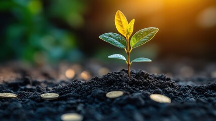 Poster - a small plant emerges from a pile of coins symbolizing growth prosperity and the connection between nature and finance,stock photo