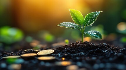 Poster - a small plant emerges from a pile of coins symbolizing growth prosperity and the connection between nature and finance
