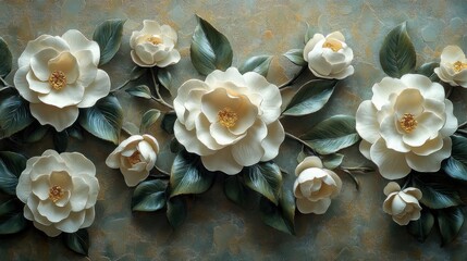 Aufkleber - a three dimensional stucco depiction of camellia flowers showcasing their rich petals and shiny leaves,stock photo