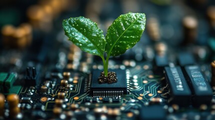 Poster - a tiny green plant growing out of a printed circuit board,stock photo