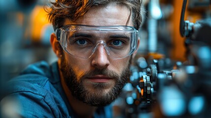 Poster - a us factory worker operating precision machinery wearing safety goggles isolated on a seamless white background