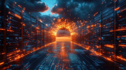 Poster - a virtual network of connected servers and cloud systems flowing data and glowing digital nodes representing advanced storage and cloud services,stock image