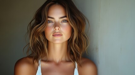 Poster - a woman with a white tank top and brown hair,photo stock