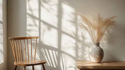 Poster - a wooden chair is sitting in front of a table a vase with a plant is on the table,stock photo