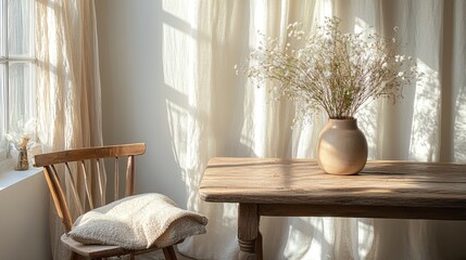 Aufkleber - a wooden chair is sitting in front of a table a vase with a plant is on the table