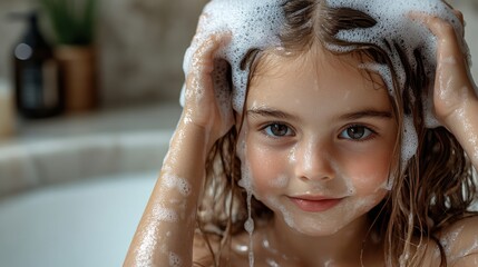 Poster - a young girl washing her hair with soap great for beauty or lifestyle images