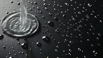 Poster - Captivating dance of droplets glistening under soft light in a tranquil dark setting Generative AI