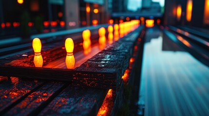 Wall Mural - Illuminated bowling pins on a rustic lane at night, city lights in the background.  Possible use  advertising or social media