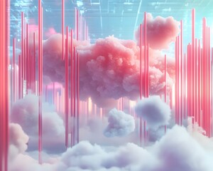 Poster - A captivating digital landscape featuring pink clouds and vertical lines, creating a surreal atmosphere