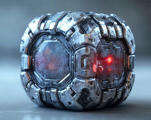Poster - futuristic metallic cube with red led lights on industrial texture surface in sci-fi setting