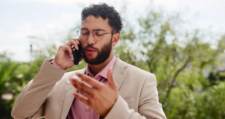 Aufkleber - Phone call, discussion and businessman outdoor with networking, contact or connectivity. Negotiation, nature and male financial investor on mobile conversation for corporate investment deal in city.