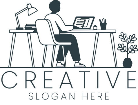 Modern Minimalist Workspace Person Working Laptop Design art desk flat line icon home idea