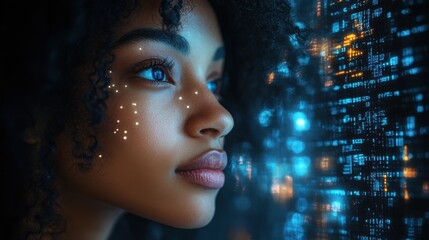 Poster - ai cyber security threat illustration african american female it specialist analysing data information technology augmented reality artificial intelligence blue collage matrix numbers copy space a