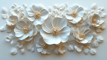 Aufkleber - ai generated illustration an intricate white bas relief sculpture of flowers on a wall,stock photo