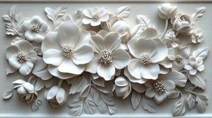 Aufkleber - ai generated illustration an intricate white bas relief sculpture of flowers on a wall,stock image