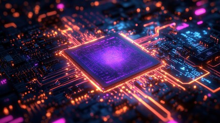 Poster - ai semiconductor chip with neon effect on a tech circuit background rendered in glowing lines with a blue and purple color palette symbolizing dvanced artificial intelligence and technology