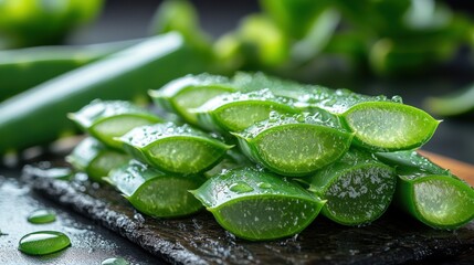 Poster - aloe gel dropping from fresh aloe vera leaf cut aloe vera plant at the background,photo stock