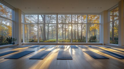 Fototapete - an empty modern yoga room with pilates flooring and mats featuring a large window and a spacious interior creating a serene and inviting atmosphere for relaxation and exercise,stock photo