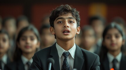 Poster - an image of a motivated indian student passionately participating in a debate highlighting critical thinking and public speaking skills