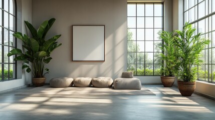 Poster - an office interior with a clear white wall for mockups next to a potted plant showcasing a modern clean design generative ai