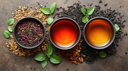 Poster - aromatic tea and dried leaves on brown background flat lay,photo stock