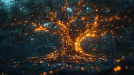Poster - artificial intelligence tree,circuit board connections symbolizing technology,innovation in a digital forest landscape,stock image