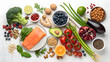© fashanbd - Rich plates of fresh organic vegetables and salad from green leaves mix and vegetables with avocado or eggs, chicken and shrimps isolated on transparent background