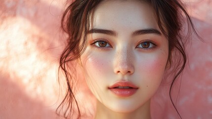 Poster - beautiful asian woman,clean face,glowy skin pink background,sunlight,stock image