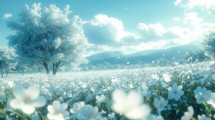 Leinwandbilder - beautiful blurred spring background nature,blooming glade trees,blue sky on a sunny day generative ai,stock photo