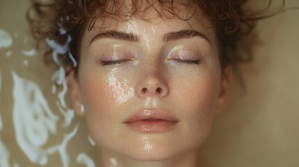 Poster - beautiful mid age woman washes her face,water she has a serene expression against a beige background in an advertisement for a skin rejuvenation,photo stock