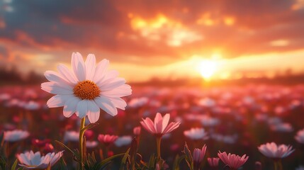 Aufkleber - beautiful spring,summer natural panoramic pastoral landscape,blooming field of daisies in the grass in the hilly countryside