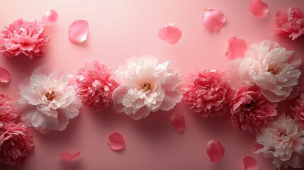 Poster - beautiful white peony flowers,petals in flight against a light pink pastel background,copy space a creative floral layout for spring spring blossom backdrop
