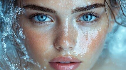 Poster - beautiful young woman face in water splashes natural looking banner for beauty skin body care bio eco cosmetics concept,stock image
