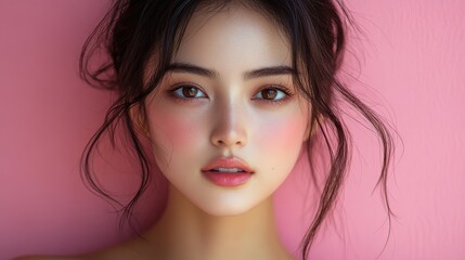 Poster - beauty portrait of young asian woman in dress on pink background