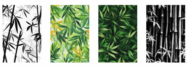 Wall Mural - Vector pattern set of a serene bamboo forest on a green background