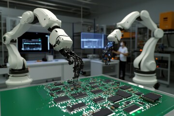 Poster - Advanced robotic arms assemble electronic components in a modern laboratory setting