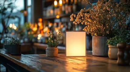 Aufkleber - blank menu frame mock up stands on wooden table in bar restaurant white paper acrylic card for booklets for customer text insertion clean modern illustration copy space,stock photo