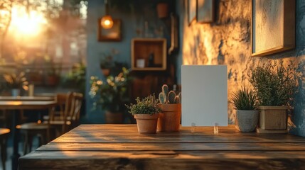 Aufkleber - blank menu frame mock up stands on wooden table in bar restaurant white paper acrylic card for booklets for customer text insertion clean modern illustration copy space,photo stock