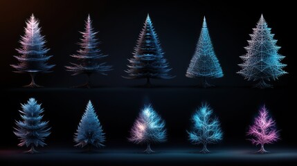 Canvas Print - abstract digital christmas trees, glowing, dark background, collection for design