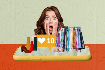Poster - Pop abstract collage of young person with cell smart gadget having clothes on red green background