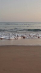 Poster - Soft golden light bathing rocky shoreline while gentle waves rolling smoothly across wet sand, creating tranquil coastal landscape during quiet morning sunrise