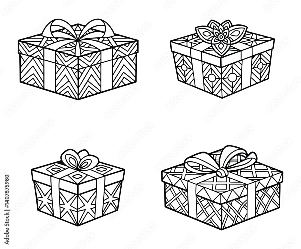 Four Ornate Gift Boxes Line Art Coloring Page Design Stock Vector ...