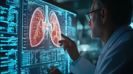Poster - Male doctor examining a high-tech 3D scan of human lungs on a futuristic medical display, symbolizing AI-assisted diagnostics, respiratory health, and digital healthcare innovation.